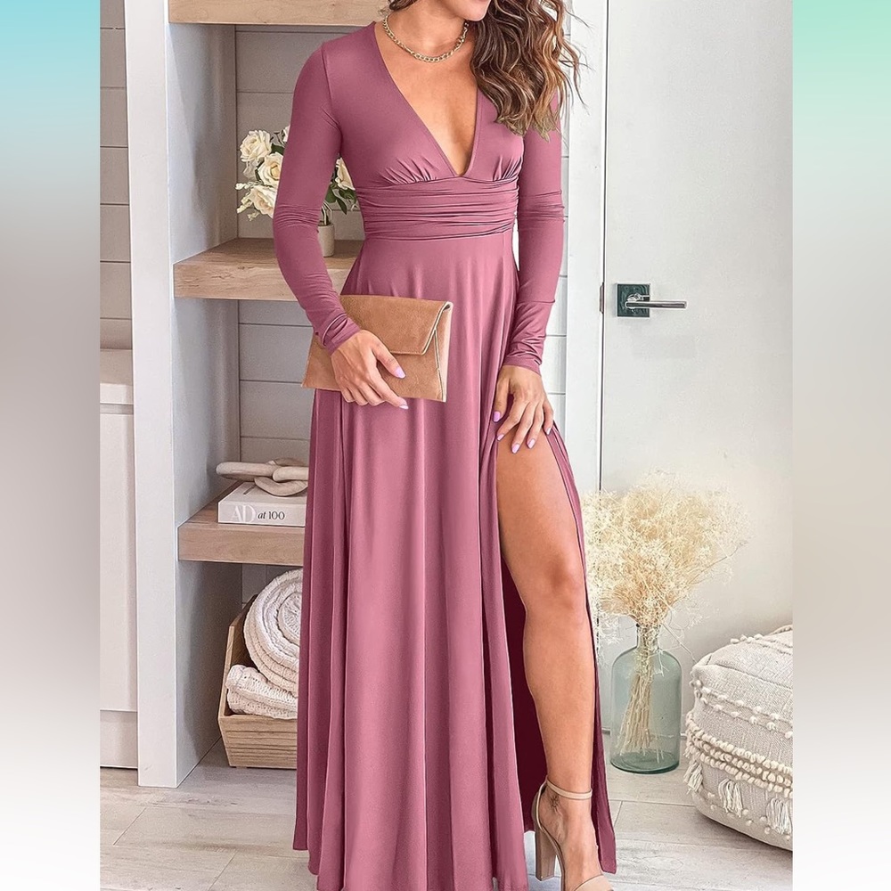 Long Sleeve Deep V Maxi Dress With High Slit